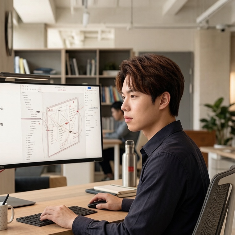 Minimalist workspace with code and 3D wireframe
